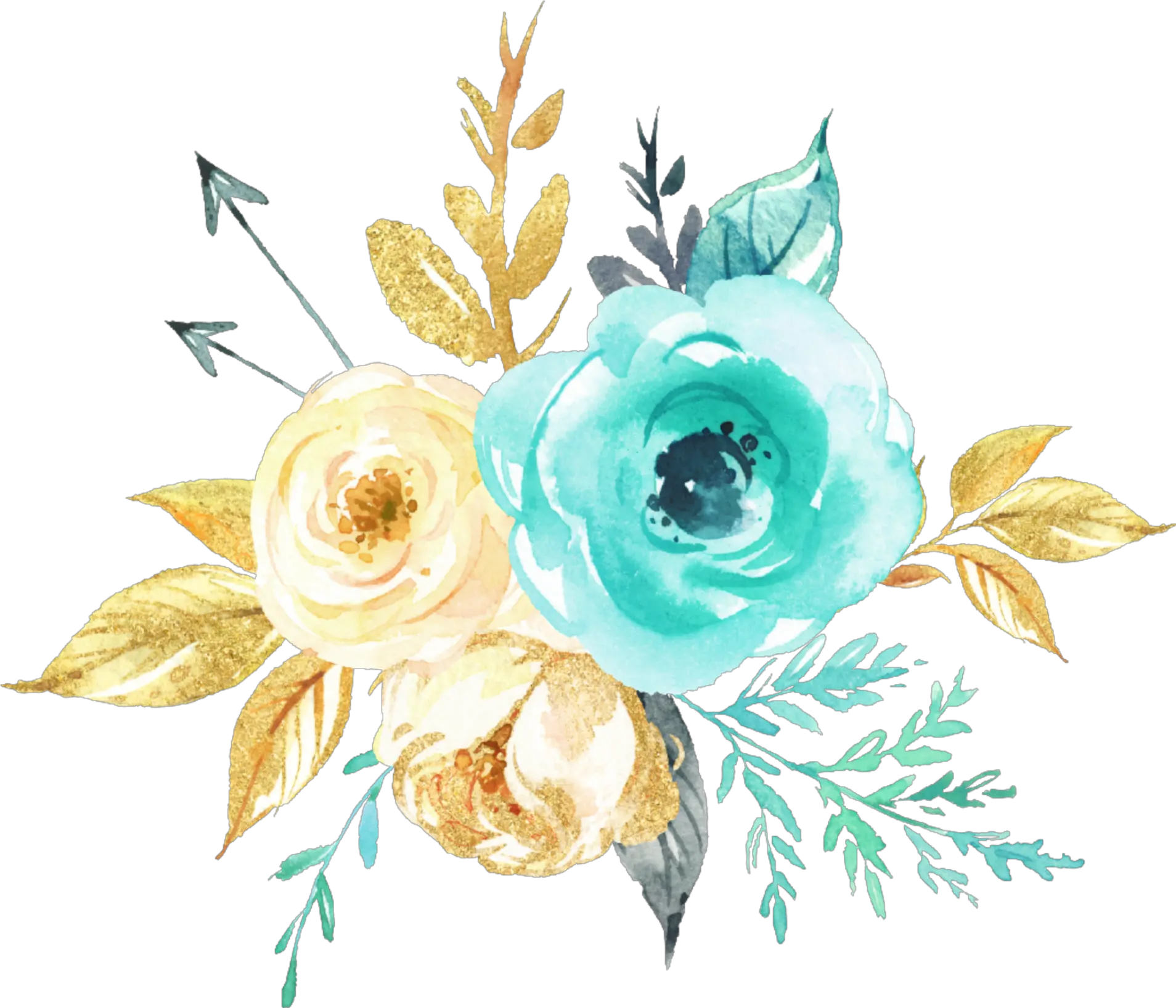 watercolor flowers bouquet mint teal gold silver